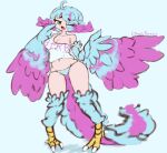  artist_name bare_shoulders bird_legs bird_tail blue_background blue_feathers blue_hair blue_panties blue_wings breasts chaosferret clothes_writing commentary_request feathers green_eyes hair_over_one_eye harpy highres large_breasts long_hair mixed-language_commentary monster_girl open_mouth original panties pink_feathers pink_hair pink_wings simple_background tail talons tank_top two-tone_tail two-tone_wings underwear white_tank_top wings 