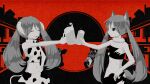  2girls animal_ears animal_print asymmetry bare_arms closed_eyes cow cow_print cowlick crop_top dot_nose fur_collar glass hair_between_eyes hatsune_miku highres horns horse limited_palette long_hair midriff multiple_girls navel own_hands_together pinocchio-p red_background red_theme single_animal_ear single_horn solo strapless tonchinkan_no_en_(vocaloid) tube_top twintails upper_body very_long_hair 