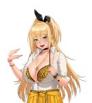  1girl absurdres animal_ears animal_print blonde_hair blush bra bra_peek bra_visible_through_clothes bracelet breasts chancer choker cleavage clothes_around_waist collarbone collared_shirt commentary_request fake_animal_ears fang fanning_self goddess_of_victory:_nikke gold_nails green_eyes gyaru hair_between_eyes hair_ornament highres hot jacket jacket_around_waist jewelry large_breasts leopard_print long_hair looking_at_viewer motion_blur multiple_bracelets open_clothes open_mouth open_shirt pendant rupee_(nikke) see-through shirt sidelocks simple_background sleeves_rolled_up smile solo sweat sweaty_clothes teeth tongue unbuttoned underwear upper_body upper_teeth_only white_background white_shirt 