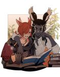  1boy 1girl 5altybitter5 animal_ears archon_mark arm_around_neck blush book book_stack cat_ears cup dark-skinned_female dark_skin ear_wiggle feathers final_fantasy final_fantasy_xiv highres holding holding_book holding_cup holding_feather jewelry miqo&#039;te mug multicolored_hair neck_tattoo necklace rabbit_ears reading red_eyes red_hair shirt smile streaked_hair tattoo viera warrior_of_light_(ff14) white_shirt 