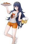  1girl bare_shoulders beer_mug blue_eyes blue_hair brand_of_the_exalt breasts chicken_(food) closed_mouth commission cup english_commentary fire_emblem fire_emblem_awakening food hair_between_eyes highres holding holding_cup holding_plate hooters leg_up long_hair lucina_(fire_emblem) mug orange_shorts plate shirt shoes short_shorts shorts sleeveless sleeveless_shirt small_breasts smile sobasakuhin solo symbol_in_eye tiara white_background white_footwear 