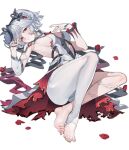  1girl absurdres asymmetrical_clothes asymmetrical_legwear black_flower breasts camellya_(wuthering_waves) dress flower hair_ornament highres jewelry lushi_jin_up navel ring rose single_pantsleg twintails white_hair wuthering_waves 