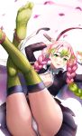  1girl :d absurdres ankle_ribbon ass bangs belt blush braid breasts cleavage collared_shirt gradient_hair greem_bang green_eyes green_hair green_legwear haori highres holding holding_sword holding_weapon japanese_clothes kanroji_mitsuri katana kimetsu_no_yaiba large_breasts legs_up long_hair long_sleeves looking_at_viewer mole mole_under_eye multicolored_hair no_shoes open_clothes open_mouth panties partially_unbuttoned petals pink_hair pleated_skirt ribbon shirt sidelocks skirt smile soles solo sweat sword thighhighs thighs underwear uniform weapon white_panties 