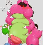  absurd_res anthro belly blush bodily_fluids cloacal_penis duo erection genital_fluids genitals hi_res male male/male mario_bros namoke nintendo overweight penis precum size_difference vein veiny_penis yoshi yoshi_(character) 