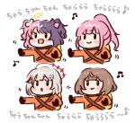  4girls amaki_pururu anya_melfissa blush brown_hair chibi cosplay crosshair dtto. halo haseco777 highres hololive hololive_english hololive_indonesia lethal_company mori_calliope multicolored_hair multiple_girls musical_note oxygen_tank pink_hair purple_hair red_hair red_halo reject_(esports) spoken_musical_note translation_request virtual_youtuber white_background white_hair worker_(lethal_company) worker_(lethal_company)_(cosplay) 