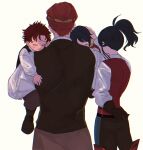  aged_down alcryst_(fire_emblem) black_hair brothers carrying carrying_person diamant_(fire_emblem) father_and_son fire_emblem fire_emblem_engage from_behind headpat highres mother_and_son parent_and_child ponytail red_eyes sasaki_(dkenpisss) siblings sleeping white_background 