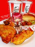  +_+ 1girl arknights brown_shirt brown_shorts chibi chicken_(food) chicken_sandwich coat cup disposable_cup exusiai_(arknights) fast_food food food_focus fried_chicken halo hands_on_own_face heart highres kfc neckerchief open_mouth red_hair red_neckerchief sandwich shirt shorts solo white_coat yume_harukasumi 