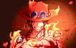  1209rikka 1boy black_hair commentary_request fire freckles grin hat highres jewelry looking_at_viewer male_focus necklace one_piece orange_hat outstretched_arm pearl_necklace portgas_d._ace short_hair smile solo sparkle topless_male twitter_username upper_body 