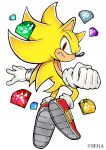  1boy chaos_emerald floating furry furry_male gloves hungry_clicker looking_at_viewer male_focus red_eyes shoes simple_background solo sonic_(series) sonic_the_hedgehog super_sonic uekawa_yuji_(style) white_background white_gloves 