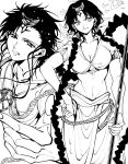  1boy 1girl arba_(magi) braid breasts cleavage crop_top cropped_shirt earrings facial_mark forehead_mark hair_ornament hand_on_own_hip headpiece highres holding holding_staff jewelry large_breasts long_hair low_twin_braids magi_the_labyrinth_of_magic midriff monochrome navel ojyo_058 outstretched_hand rukh_(magi) shirt skirt solomon_jehoahaz_abraham staff toned_female twin_braids 