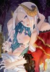  2girls amy30535 arms_up bandages blue_eyes breasts byleth_(fire_emblem) byleth_(fire_emblem)_(female) candle cleavage edelgard_von_hresvelg eyebrows_visible_through_hair fangs fire_emblem fire_emblem:_three_houses green_hair halloween horns lavender_eyes multiple_girls mummy_costume silk silver_hair spider_web upper_body vampire yuri 