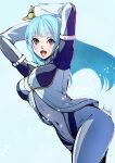  absurdres alternate_color arms_behind_head arms_up belt blue_hair bodysuit breasts gloves highres kula_diamond long_hair looking_at_viewer medium_breasts purple_eyes signature simple_background smile strikebeagle the_king_of_fighters white_background zipper 