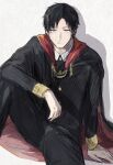  1boy arm_support black_cloak black_hair black_jacket black_pants brown_eyes cloak closed_mouth collared_jacket damian_desmond feet_out_of_frame highres jacket knee_up long_sleeves looking_at_viewer male_focus mashiro_haneda pants shadow sitting sketch solo spy_x_family 