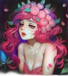  1girl absurdres bare_shoulders breasts cleavage crying crying_with_eyes_open dark_background dress face flower hair_flower hair_ornament highres lips long_hair medium_breasts original parted_lips petals pink_eyes pink_hair randy_(awesomevillage) solo strapless strapless_dress tears upper_body wavy_hair 