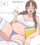  1girl blunt_bangs blush braid breasts brown_hair chips_(food) closed_eyes collarbone commentary covered_nipples eating english_text facing_viewer food large_breasts long_hair navel ohasi open_mouth original reclining sitting solo symbol-only_commentary thick_thighs thighhighs thighs twin_braids white_thighhighs 