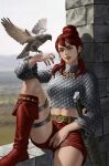  1girl armor belt bird boots chainmail day earrings green_eyes high_ponytail highres hoop_earrings jewelry long_hair looking_at_viewer midriff outdoors red_footwear red_hair red_nails red_shorts red_sonja red_sonja_(comics) short_shorts shorts sitting solo stone_wall sword weapon yoon_junggeun 