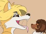  anthro blonde_hair bodily_fluids canid canine dominant dominant_female duo female fox hair hi_res holding_neck jen_(scottc) male male/female mammal mouth_shot open_mouth predator/prey saliva scared size_difference teeth tongue tongue_out vore weks weksoida 