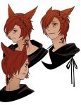  1boy 5altybitter5 animal_ears archon_mark cat_ears closed_mouth final_fantasy final_fantasy_xiv g&#039;raha_tia hair_ornament hair_over_one_eye highres multiple_views neck_tattoo one_eye_covered portrait red_hair simple_background smile tattoo white_background x_hair_ornament 