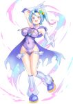  1girl absurdres armpits blue_hair boots breasts cape commentary covered_navel covered_nipples full_body gloves heart highres impossible_clothes lactation large_breasts leotard magical_girl menmon nipple_piercing original piercing piercing_through_clothes pointing pointing_at_viewer pubic_hair purple_eyes purple_leotard ribbon see-through side_ponytail smile solo 