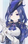  1girl absurdres ascot blue_ascot blue_capelet blue_hair capelet clorinde_(genshin_impact) earrings genshin_impact gloves hands_up hat highres jewelry long_hair looking_at_viewer purple_eyes sava_(sava_2539) shirt solo tricorne upper_body white_gloves white_shirt 