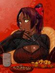  1girl alternate_costume arm_up bleach bow breasts cleavage cleavage_cutout clothing_cutout cup dark-skinned_female dark_skin fingernails food food_on_face hair_bow high_ponytail highres knees_up large_breasts lips long_hair looking_at_viewer mole mole_on_breast pantyhose purple_hair shihouin_yoruichi sitting sleeves_past_wrists solo spread_legs sweater tata_(pixiv57531723) thumb_to_mouth yellow_eyes zipper zipper_pull_tab 