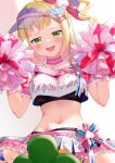  1girl blonde_hair blush bow_skirt breasts cheerleader choker faubynet floral_bow frilled_choker frilled_sash frills green_eyes hair_ornament hairclip highres holding holding_pom_poms hololive large_breasts long_hair looking_at_viewer momosuzu_nene momosuzu_nene_(cheerleader) navel open_mouth pink_armband pink_choker pink_sash pom_pom_(cheerleading) sash see-through see-through_headwear sideways_hat simple_background sitting smile solo sports_bra_peek spread_legs sticker_on_face visor_cap wariza white_background 