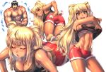  1boy 1girl abs all_fours armpits bent_over black_tank_top blonde_hair blush breasts cleavage closed_eyes commentary danberu_nan_kiro_moteru? dark_skin dumbbell exercise green_eyes heavy_breathing highres kuroshio_(zung-man) large_breasts looking_at_viewer looking_back machio_naruzou muscle no_bra one_eye_closed push-ups red_shorts sakura_hibiki_(danberu_nan_kiro_moteru?) shirt_lift short_shorts shorts simple_background smile stomach twintails underboob undressing white_background 