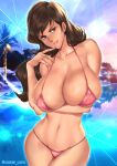  1girl artist_name bare_shoulders bikini breasts brown_eyes brown_hair collarbone commentary_request fingernails hand_up highres large_breasts long_hair looking_at_viewer lupin_iii mine_fujiko navel oyaman parted_lips pink_bikini shiny_skin solo stomach swimsuit thighs 