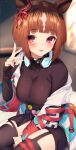  1girl :p absurdres animal_ears black_shirt bob_cut breasts brown_hair commentary_request ear_ribbon headphones headphones_around_neck highres horse_ears horse_girl jacket jun_(aousa0328) large_breasts long_sleeves looking_at_viewer red_eyes red_ribbon ribbon shirt short_hair sitting solo thighs tongue tongue_out transcend_(umamusume) umamusume white_jacket 