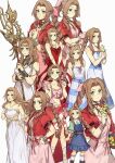  1girl aerith_gainsborough aerith_gainsborough_(floral_delight) aerith_gainsborough_(loveless_dress) aerith_gainsborough_(red_dress) aerith_gainsborough_(white_floral_dress) aged_down bangle bare_shoulders bracelet bracer braid braided_ponytail breasts brown_hair child choker circlet crisis_core_final_fantasy_vii cropped_jacket crown dress dress_flower final_fantasy final_fantasy_vii final_fantasy_vii_rebirth final_fantasy_vii_remake flamenco_dress flower flower_basket flower_choker frilled_sleeves frills green_eyes hair_flower hair_ornament hair_ribbon highres holding holding_flower holding_staff ivy60530 jacket jewelry long_dress long_hair looking_at_viewer multiple_necklaces multiple_views necklace official_alternate_costume open_clothes open_jacket own_hands_clasped own_hands_together parted_bangs pinafore_dress pink_dress pink_ribbon pink_shirt pink_top princess_rosa_costume red_dress red_flower red_jacket red_sarong ribbon ringlets rose sarong shirt short_sleeves sidelocks simple_background skirt sleeveless sleeveless_dress smile staff star_(symbol) star_necklace strapless strapless_dress striped_clothes striped_dress tri_drills wavy_hair white_background white_dress yellow_flower yellow_rose 