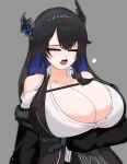  1girl =_= absurdres alt_text alternate_breast_size black_hair black_jacket blue_hair breasts cleavage clothing_cutout collarbone collared_shirt colored_inner_hair english_commentary grey_background highres hololive hololive_english horns huge_breasts jacket multicolored_hair nerissa_ravencroft nerissa_ravencroft_(1st_costume) off_shoulder open_mouth shirt shoulder_cutout simple_background solo themastersos virtual_youtuber white_shirt yawning 