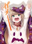  1girl 40hara animal_ear_fluff animal_ears animal_print arms_up bangs bat_print blonde_hair blunt_bangs blush cat_ears collar eyebrows_visible_through_hair fang ghost_print green_eyes halloween highres jack-o&#039;-lantern_print kinako long_hair looking_at_viewer open_mouth original print_shirt red_collar shirt solo t-shirt 