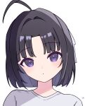  1girl :o absurdres artist_name awa_subaru black_hair girls_band_cry hair_intakes head_tilt highres looking_at_viewer official_alternate_hair_length official_alternate_hairstyle omochi_tabeyo97 open_mouth parted_bangs purple_eyes shirt short_hair simple_background solo upper_body white_background white_shirt 