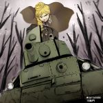  1girl 7tp artist_name black_gloves blonde_hair blue_eyes blurry blurry_background bonple_military_uniform braid brown_jacket capelet commentary_request fourragere girls_und_panzer girls_und_panzer_ribbon_no_musha gloves grey_sky ground_vehicle hair_bun hair_over_shoulder holding jacket jajka_(girls_und_panzer) long_hair long_sleeves military military_uniform military_vehicle motor_vehicle open_mouth outdoors partial_commentary single_braid smirk solo tank tree tsukasa-emon twitter_username uniform wind 