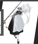  1girl alternate_costume anhao1224 apron black_footwear closed_mouth earrings elf frieren full_body green_eyes holding holding_staff jewelry long_hair maid maid_apron parted_bangs pointy_ears short_eyebrows sidelocks simple_background socks solo sousou_no_frieren staff standing thick_eyebrows twintails unfinished white_background white_hair white_socks 
