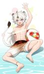  1boy animal_ears ball beachball bishounen commentary_request english_text full_body hand_up highres iroiro_0w0 lingyang_(wuthering_waves) lion_boy lion_tail looking_at_viewer male_focus male_swimwear navel open_mouth shorts simple_background solo tail toes topless_male white_hair wuthering_waves 