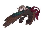  1boy animal_feet bird_legs bird_tail bird_wings black_eyes brown_hair brown_wings claws closed_mouth commentary_request deformed feathered_wings full_body getian_(reverse:1999) green_wings harpy_boy korean_commentary looking_at_viewer looking_back male_focus moemoeicis monster_boy reverse:1999 short_hair simple_background sleeveless solo tail veil white_background winged_arms wings 