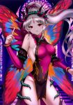  1girl breasts butterfly_wings crown_of_thorns diamond_facial_mark facial_mark fairy fairy_wings fire_emblem fire_emblem_heroes forehead_mark grey_hair hair_vines hakutou2020 highres insect_wings large_breasts leotard mosaic_background pelvic_curtain plant plant_hair plumeria_(fire_emblem) pointy_ears red_eyes red_leotard thorns torn_belt vines wings 