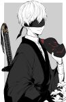  1boy 9s_(nier:automata) absurdres blindfold flower fox_mask grey_background haori highres holding holding_mask japanese_clothes kimono looking_at_viewer mask monochrome nier:automata nier_(series) nishiii26miii short_hair simple_background sword weapon white_hair 