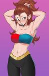  1girl abs android_21 blue_eyes breasts brown_hair dragon_ball dragon_ball_(classic) dragon_ball_super earrings echo_saber gym_shirt highres jewelry medium_breasts muscular shirt solo 