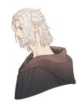  1boy 5altybitter5 brown_robe closed_mouth emet-selch final_fantasy final_fantasy_xiv from_side hair_slicked_back highres hood hood_down hooded_robe male_focus medium_hair profile robe simple_background solo sophist&#039;s_robe_(ff14) white_background white_hair 