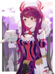  2girls absurdres animal_on_arm bare_shoulders bird bird_on_arm breasts cleavage commission feh_(fire_emblem_heroes) fire_emblem fire_emblem_engage fire_emblem_heroes gloves highres ivy_(fire_emblem) large_breasts long_hair mariirasuto7 multiple_girls owl purple_hair red_eyes spiked_gloves 