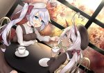  10komorimori 2girls absurdres ahoge alternate_costume autumn autumn_leaves azur_lane beret blue_eyes blush cafe chair coffee coffee_mug commentary_request cup dark_skin day fang food food_on_face hair_ribbon hat heart heart-shaped_pupils heart_ahoge heterochromia highres holding holding_cup horns indianapolis_(azur_lane) indoors looking_at_another mug multiple_girls oni_horns open_mouth pink_hair portland_(azur_lane) red_ribbon ribbon side_ponytail silver_hair sitting skirt smile suspender_skirt suspenders symbol-shaped_pupils table window yellow_eyes 