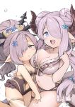  2girls :d arm_around_waist bikini black_swimsuit blue_eyes blush breast_rest breasts breasts_on_head cleavage commentary draph feff672166 frilled_bikini frills frown granblue_fantasy hair_bun hair_ornament hair_over_one_eye hairclip harvin high_ponytail highres horns large_breasts long_hair low-tied_long_hair multiple_girls narmaya_(granblue_fantasy) navel navel_cutout nio_(granblue_fantasy) one-piece_swimsuit open_mouth pointy_ears purple_eyes purple_hair small_breasts smile swimsuit very_long_hair white_background 