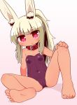  1girl :o animal_ear_fluff bangs bare_arms bare_legs bare_shoulders barefoot blush breasts bunny_girl collar collarbone commentary_request crotch_seam eyebrows_visible_through_hair feet full_body hand_on_own_knee heart heart-shaped_pupils high_ponytail highres knee_up legs leotard light_brown_hair long_hair looking_at_viewer masurao_(sekaiju) naga_u parted_lips ponytail purple_leotard red_collar red_eyes sekaiju_no_meikyuu sekaiju_no_meikyuu_5 sidelocks sitting small_breasts soles solo strapless strapless_leotard symbol-shaped_pupils thick_eyebrows toenails toes very_long_hair 