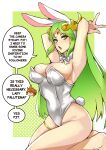  1340smile 1boy 1girl absurdres animal_ears armpits breasts commentary detached_collar english_commentary english_text fake_animal_ears fake_tail green_eyes green_hair highres kid_icarus leotard long_hair looking_at_viewer palutena pit_(kid_icarus) playboy_bunny speech_bubble strapless strapless_leotard tail white_leotard 