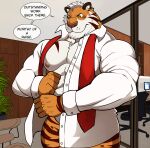 abs absurd_res anthro barazoku biceps big_muscles bottomless clothed clothing darknaigart digital_media_(artwork) felid fur hair hi_res male mammal muscular muscular_anthro muscular_male necktie nipples pantherine pecs shirt shirt_only solo stripes text tiger topwear topwear_only white_body white_fur 