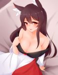  1girl animal_ears ayatori_(aytr) bed blush breasts brooch brown_hair cleavage collarbone commentary commentary_request dress eyebrows_visible_through_hair highres imaizumi_kagerou jewelry large_breasts long_hair long_sleeves looking_at_viewer looking_up off-shoulder_dress off_shoulder red_eyes solo tongue tongue_out touhou white_dress wide_sleeves wolf_ears 