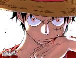  1boy artist_name black_hair blood blood_on_hands blood_on_mouth closed_mouth commentary_request english_commentary hat highres looking_at_viewer male_focus mixed-language_commentary monkey_d._luffy one_piece orange_eyes scar scar_on_cheek scar_on_face short_hair signature simple_background solo straw_hat tacchan56110 white_background 