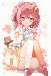  1girl :3 animal_ears bear_ears commission convenient_leg d_omm dress hair_ornament indie_virtual_youtuber konomi_meru looking_at_viewer orange_eyes red_hair sitting skeb_commission solo striped_clothes striped_thighhighs stuffed_animal stuffed_toy teddy_bear thighhighs virtual_youtuber 
